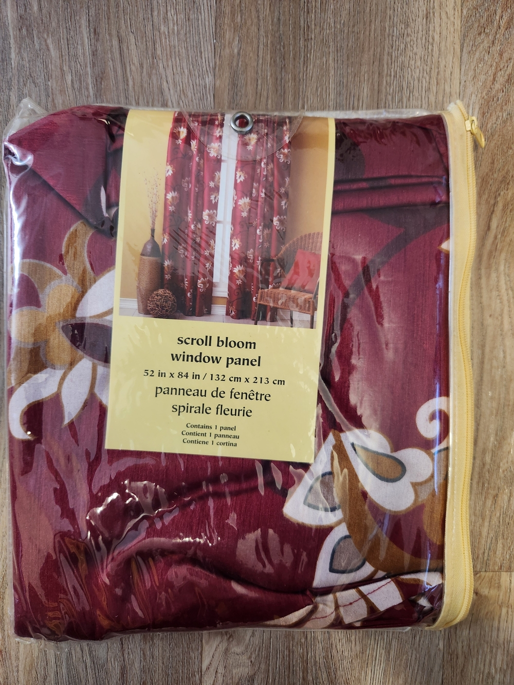 Pier 1 Burgundy Floral Scroll Window Panel with Gold and Cream Accents
